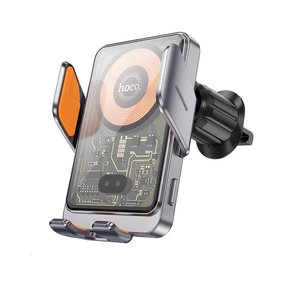 Автотримач для телефона з БЗП Hoco HW7 Transparent Discovery Edition wireless fast charging car holder air outlet Metal Gray (6942007608145)