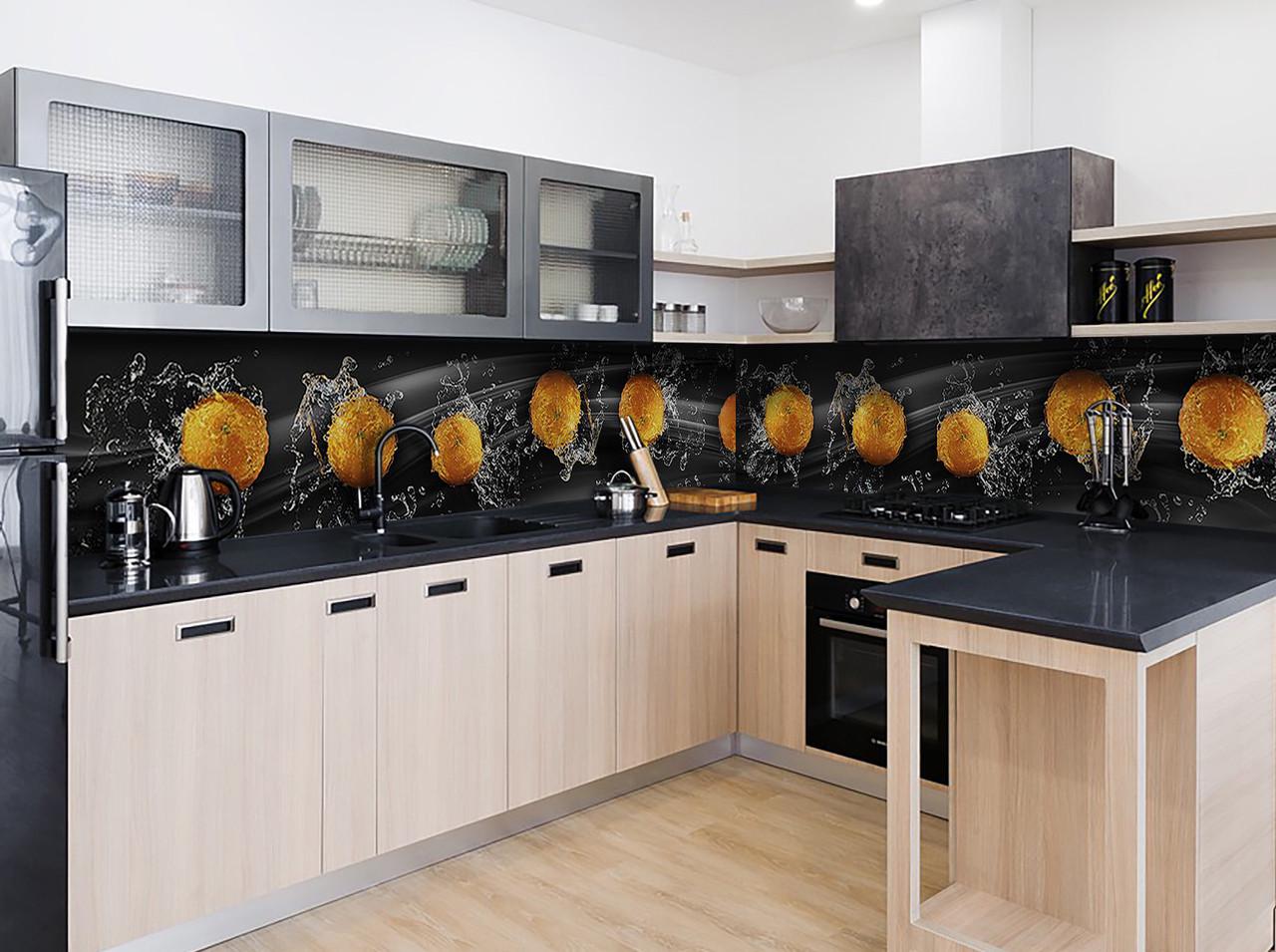 Кухонный фартук Мандарины/брызги/вода из самоклеющейся виниловой пленки 65х250 см Черный