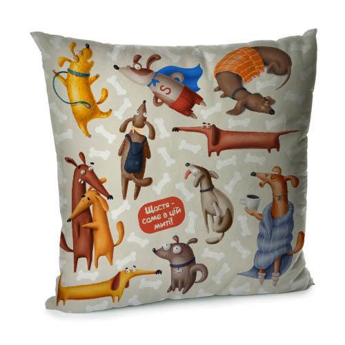 Подушка диванна з оксамиту "Щастя - саме в ці миті!" 45x45 см (45BP_DOG047)