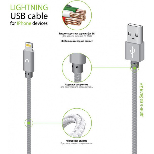 Кабель Intaleo CBGNYL2 USB-Lightning 2 м Grey (1283126477669) - фото 2