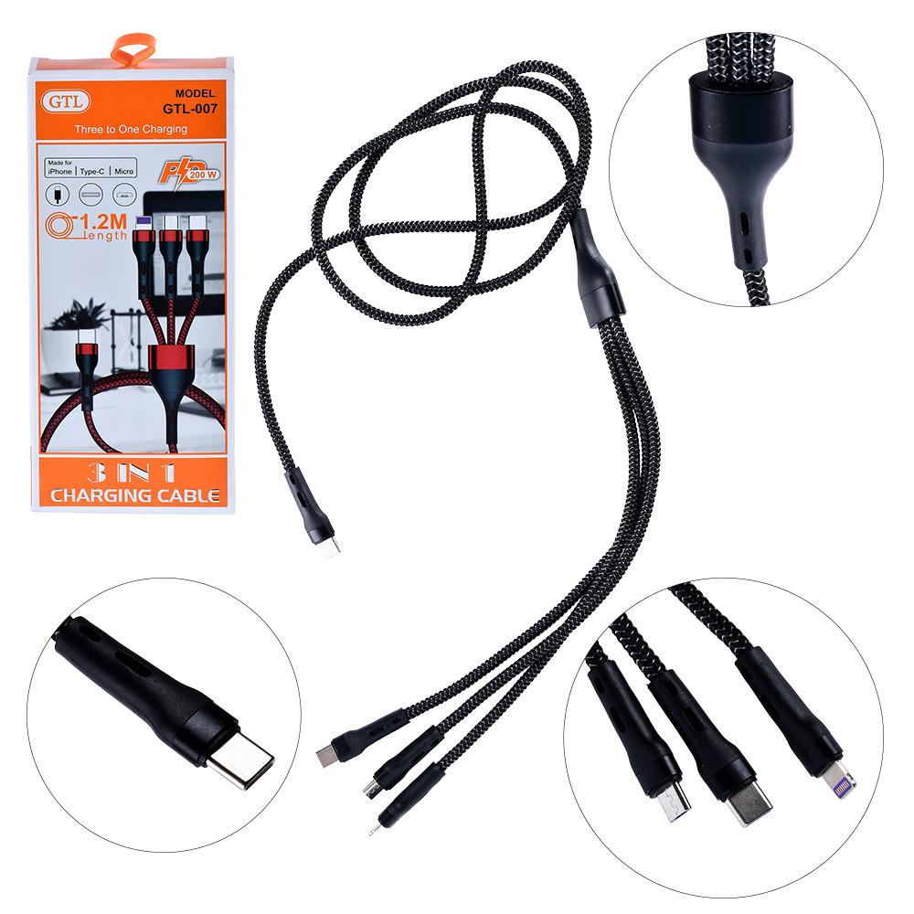 Кабель GTL 3in1 Type-C to Lightning/Micro/Type-C PD 200W 1,2 м (WL-1442) - фото 3 Кабель GTL 3in1 Type-C to Lightning/Micro/Type-C PD 200W 1,2 м (WL-1442) - фото 3