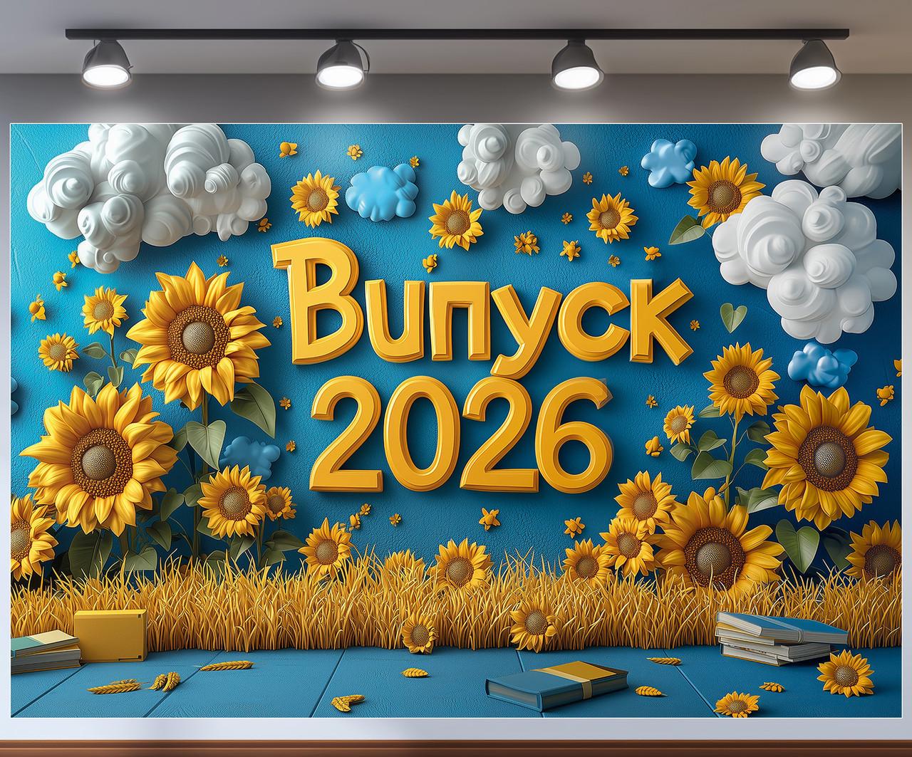Баннер для фотозоны "Випуск 2026" подсолнечники пшеница и белые облака голубой 300x200 см №41317 Баннер для фотозоны "Випуск 2026" подсолнечники пшеница и белые облака голубой 300x200 см №41317