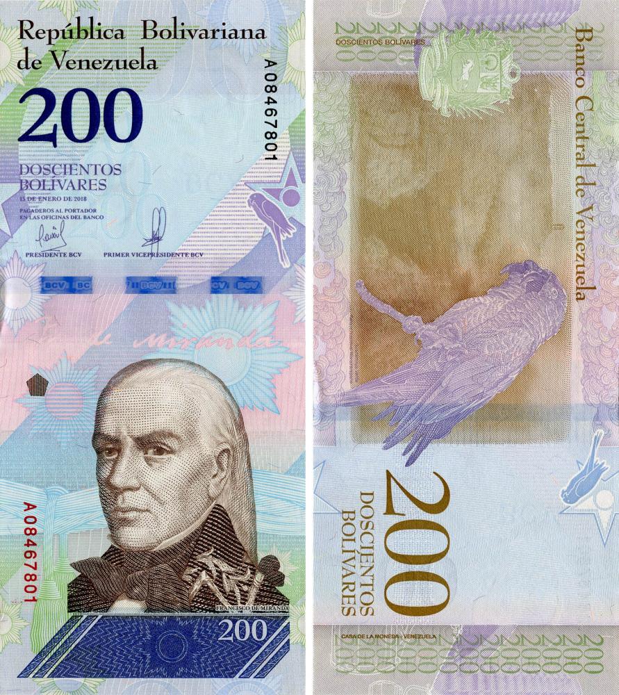 Коллекционная банкнота Венесуэла 200 боливар 2018 UNC Попугай P107 (Б10357)