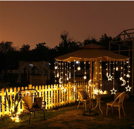 Гірлянда штора LED новорічна VALESO зірки/місяць 12 підвісок 3 м×0,6 м тепле світло (LKS3436) - фото 4 Гірлянда штора LED новорічна VALESO зірки/місяць 12 підвісок 3 м×0,6 м тепле світло (LKS3436) - фото 4