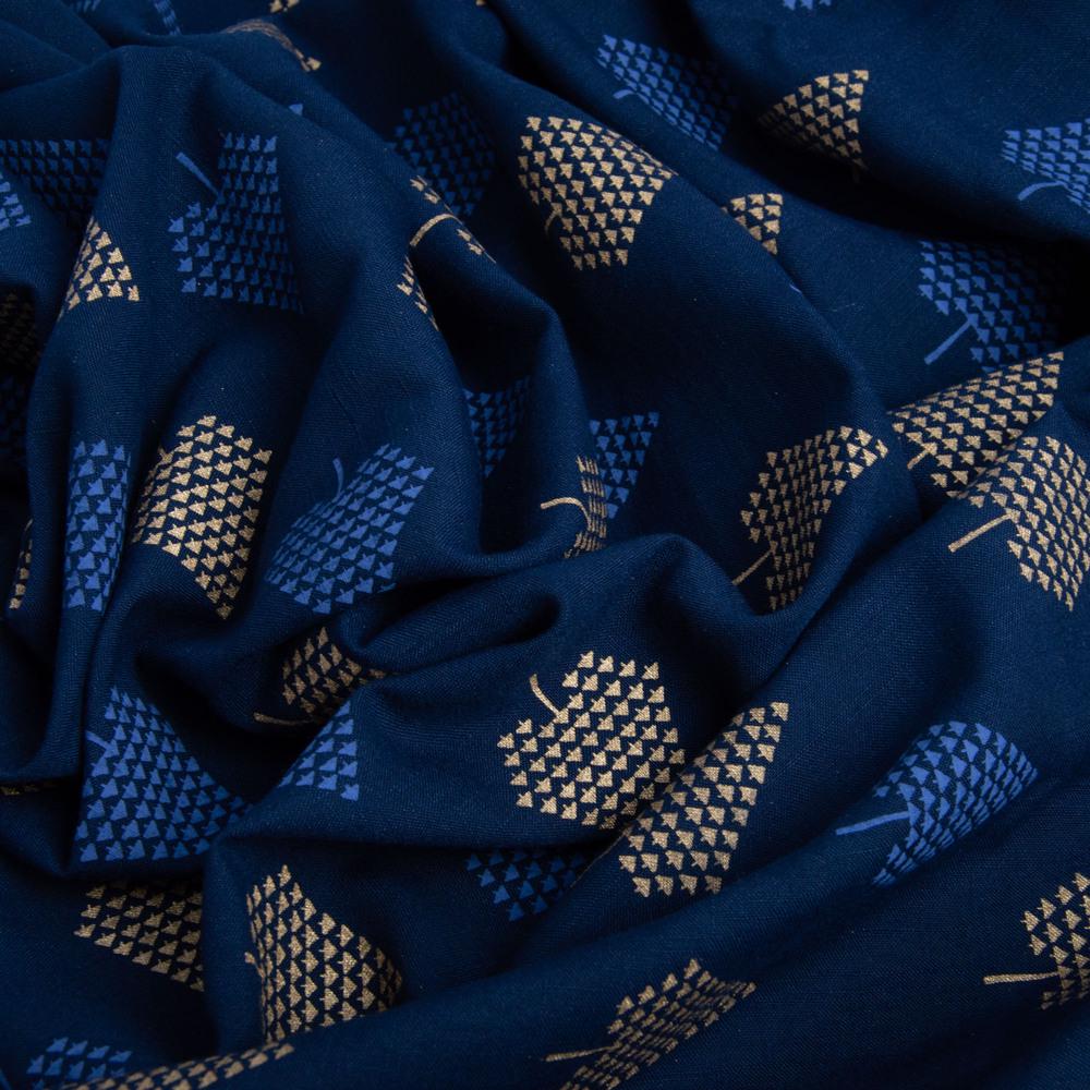 Ткань костюмная под лен с напылением дерева т/синя