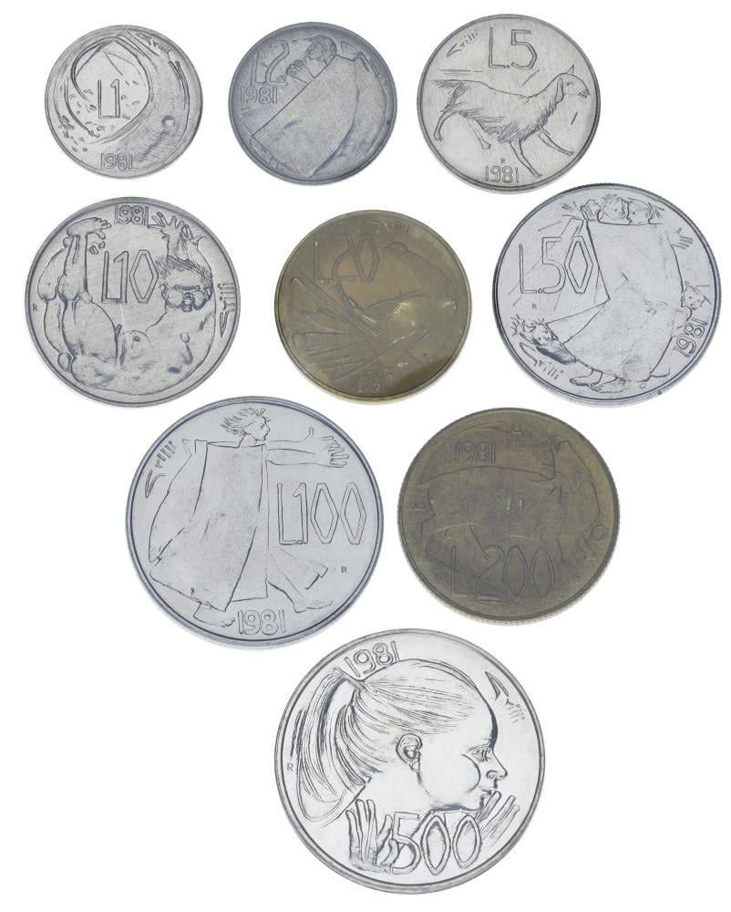 Коллекционные монеты Сан-Марино 9 шт. 1981 UNC 1/2/5/10/20/50/100/200/500 лир серебро (М04373)