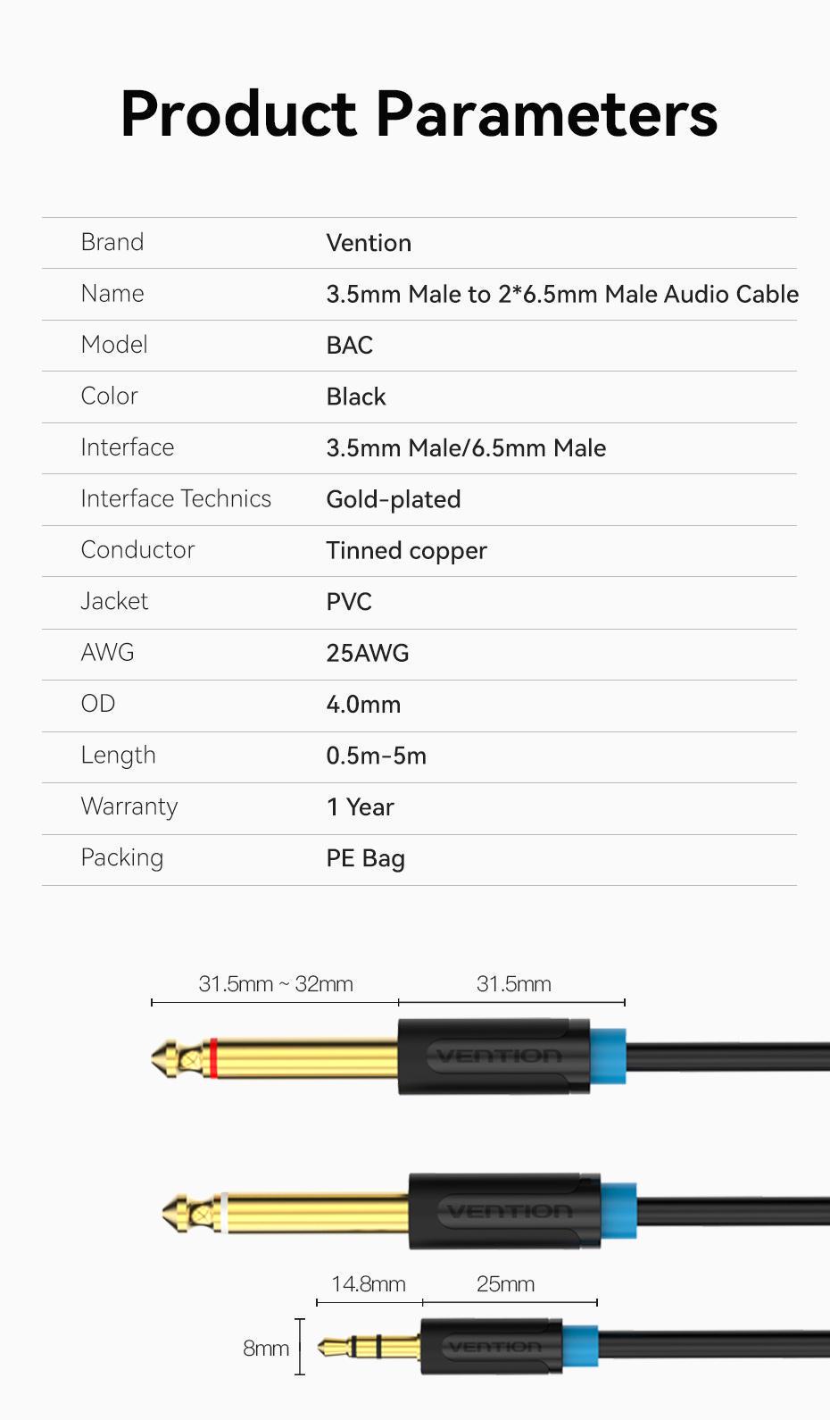 Кабель Vention 2x 6.5 мм Jack-3.5 мм minijack HiFi стерео AUX на 6.35 мм TRS L/R Канали TS 1/4" на TRS 1/8" 5 м Чорний (BACBJ) - фото 9 Кабель Vention 2x 6.5 мм Jack-3.5 мм minijack HiFi стерео AUX на 6.35 мм TRS L/R Канали TS 1/4" на TRS 1/8" 5 м Чорний (BACBJ) - фото 9