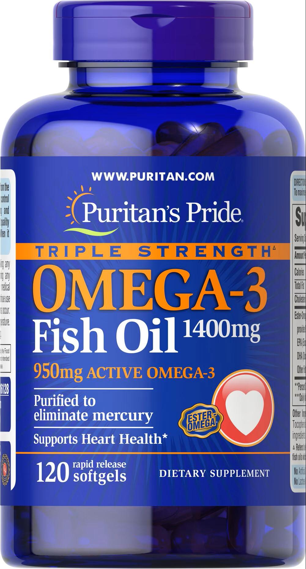 Омега-3 Puritan's Pride Omega-3 Fish Oil Triple Strength 1400 mg 90 порций