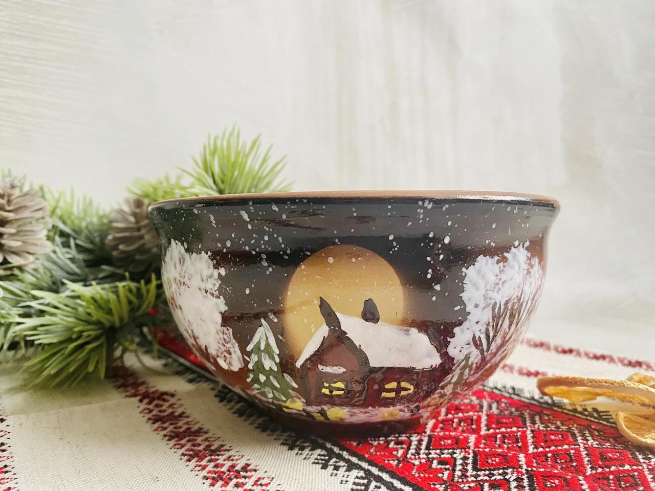 Глиняна миска Зима 500 мл з малюнком ручної роботи - фото 3 Глиняна миска Зима 500 мл з малюнком ручної роботи - фото 3