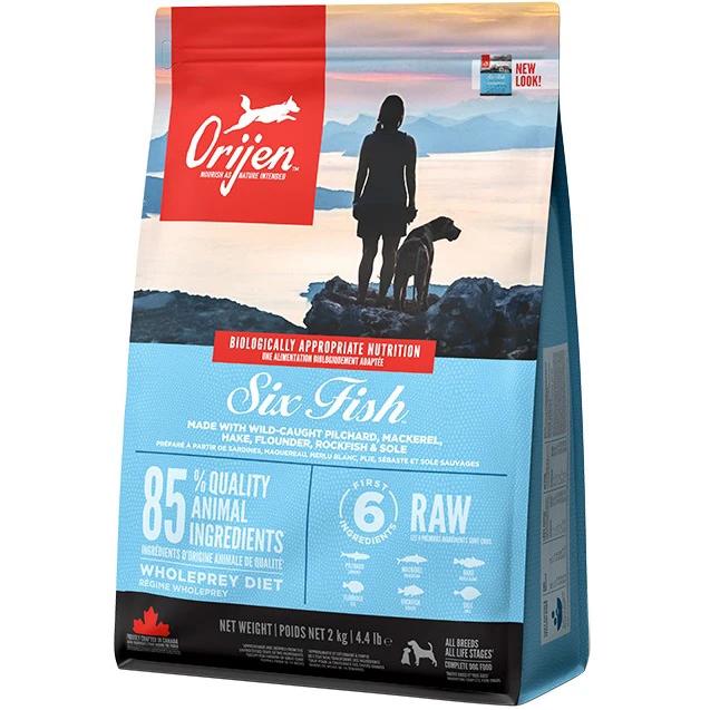 Корм сухой Orijen 6 Fish Dog для собак всех пород и возрастов с сардиной/макрелью/хеком/камбалой/окунем и солей 2 кг (o18320)