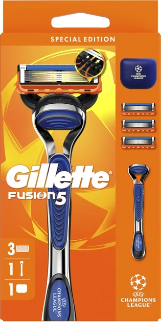 Станок для бритья мужской GILLETTE Fusion5 CHAMPIONS LEAGUE с 3 сменными картриджами и чехлом для путешествий