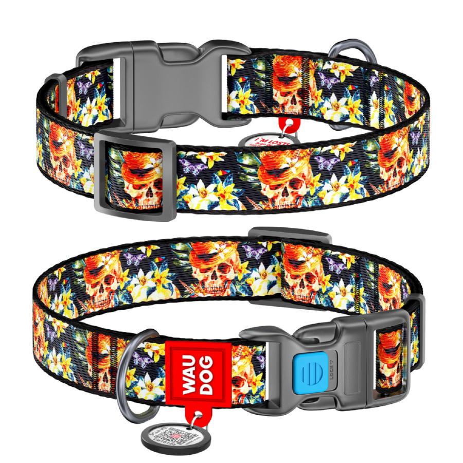 Ошейник для собак нейлоновый Waudog Nylon Гламурные черепа с QR паспортом пластиковый фастекс XL 25 мм 35-58 см
