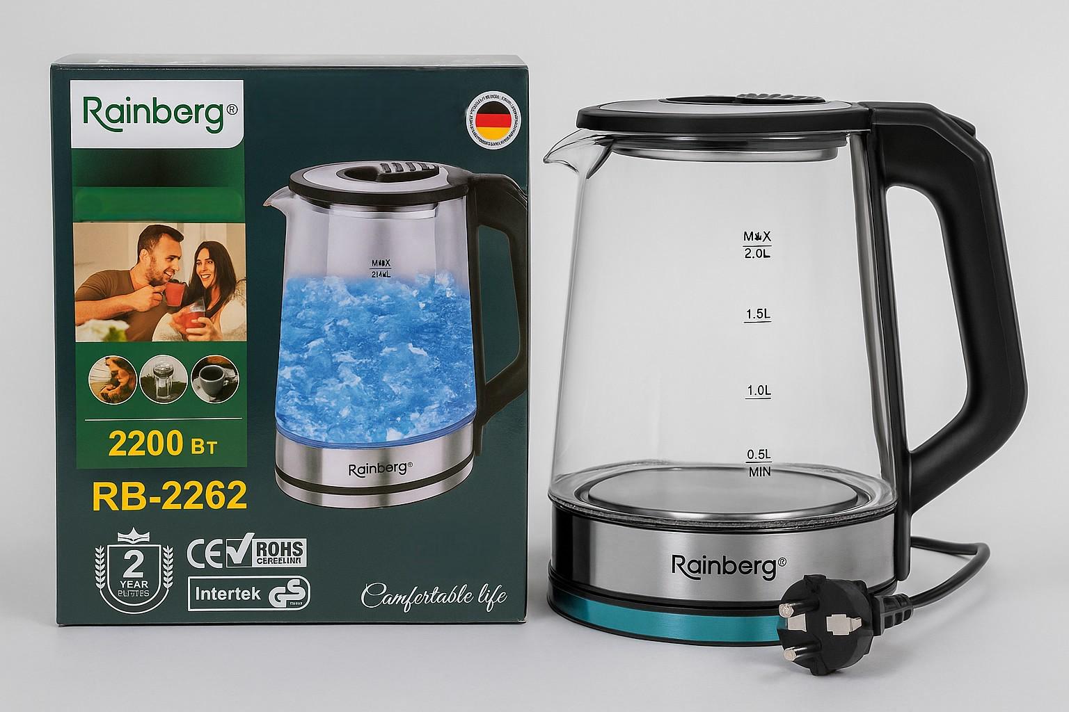 Електрочайник Rainberg RB-2262 скляний з LED підсвічуванням 2 л 2200 Вт (ML-04467)