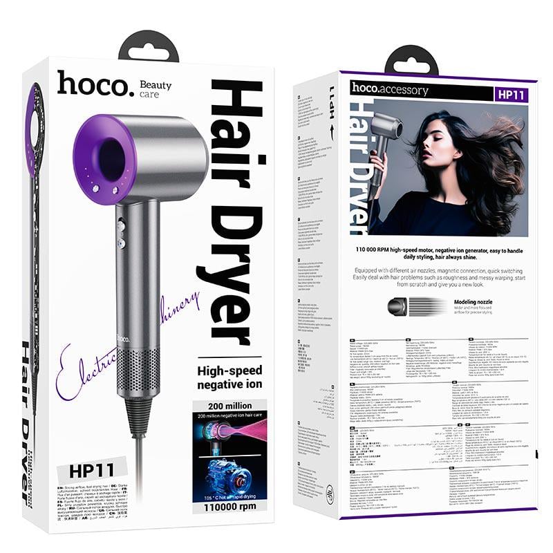 Фен для волос Hoco high-speed negative ion hair dryer HP11 1600 Вт Серый - фото 7 Фен для волос Hoco high-speed negative ion hair dryer HP11 1600 Вт Серый - фото 7