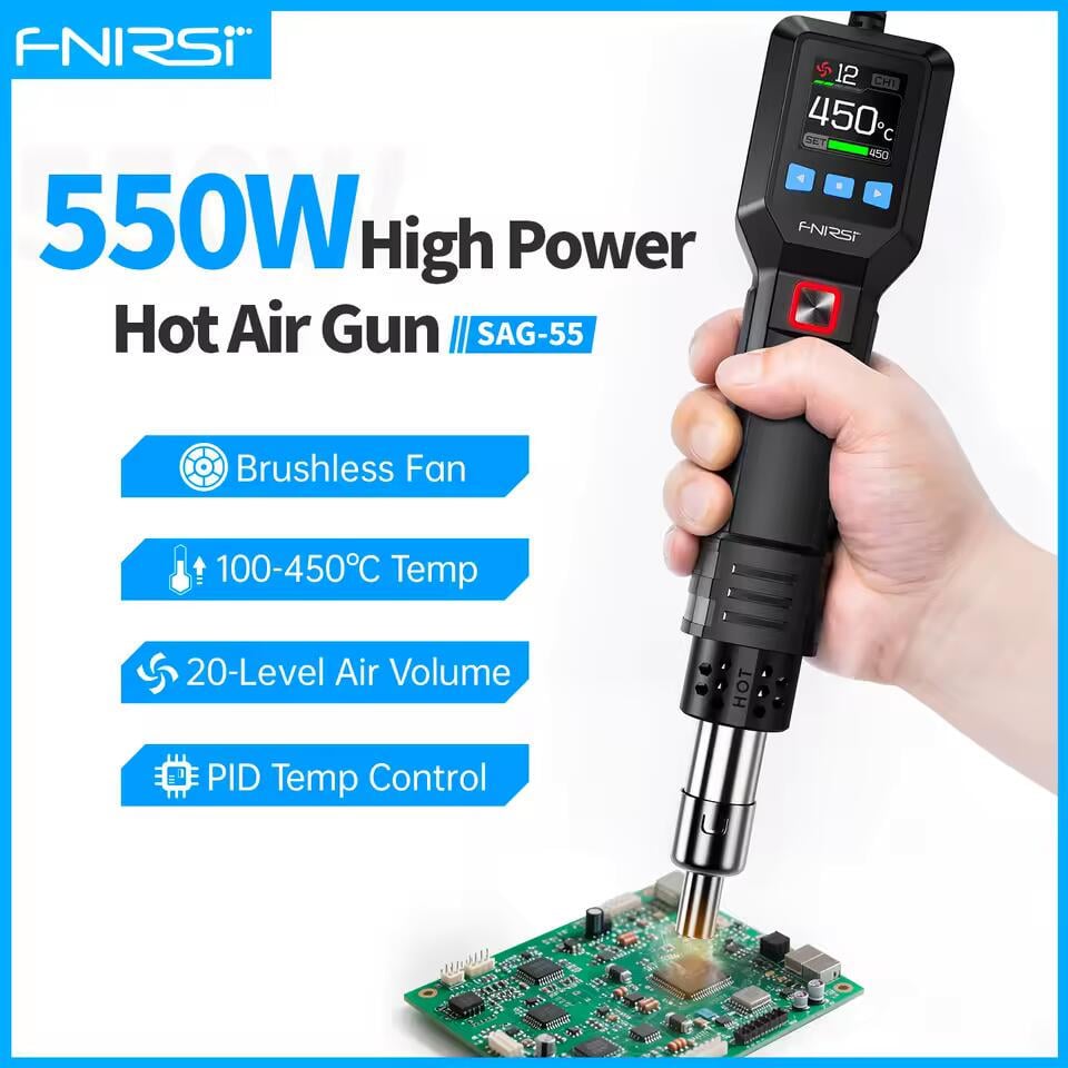Термофен із підставкою FNIRSI SAG-55 550 Вт РК-дисплей з регульованою температурою для ремонту телефонів Black (SAG55) - фото 2