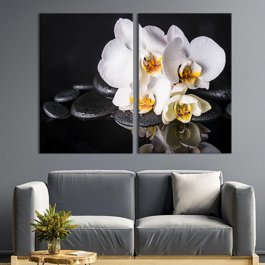 Настенный декор диптих картина на холсте для интерьера Белые орхидеи на плоских камнях 71x51 см (68-2)