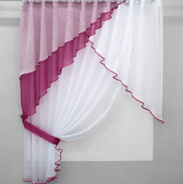 Шторки кухонные с ламбрекеном шифон/лен 290х170 см Малиновый/Белый (00к 59-366)