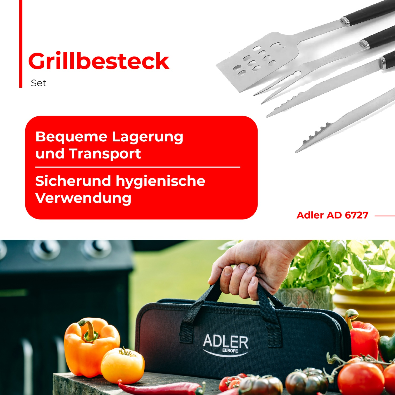 Набір приборів для гриля барбекю Adler AD 6727 нержавіюча сталь у футлярі (03977) - фото 14 Набір приборів для гриля барбекю Adler AD 6727 нержавіюча сталь у футлярі (03977) - фото 14