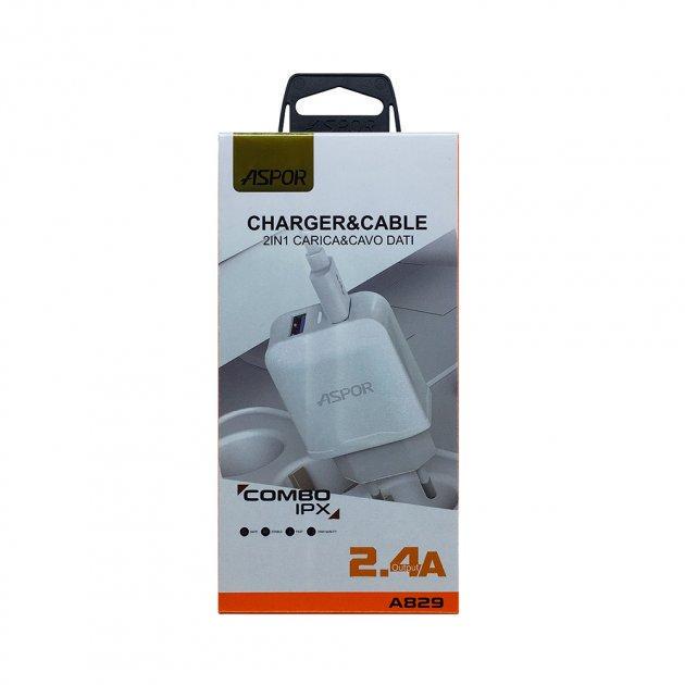 Зарядное устройство сетевое Aspor A829 2USB 2,4A с USB-кабелем Lightning Белый (1858272820) - фото 2 Зарядное устройство сетевое Aspor A829 2USB 2,4A с USB-кабелем Lightning Белый (1858272820) - фото 2