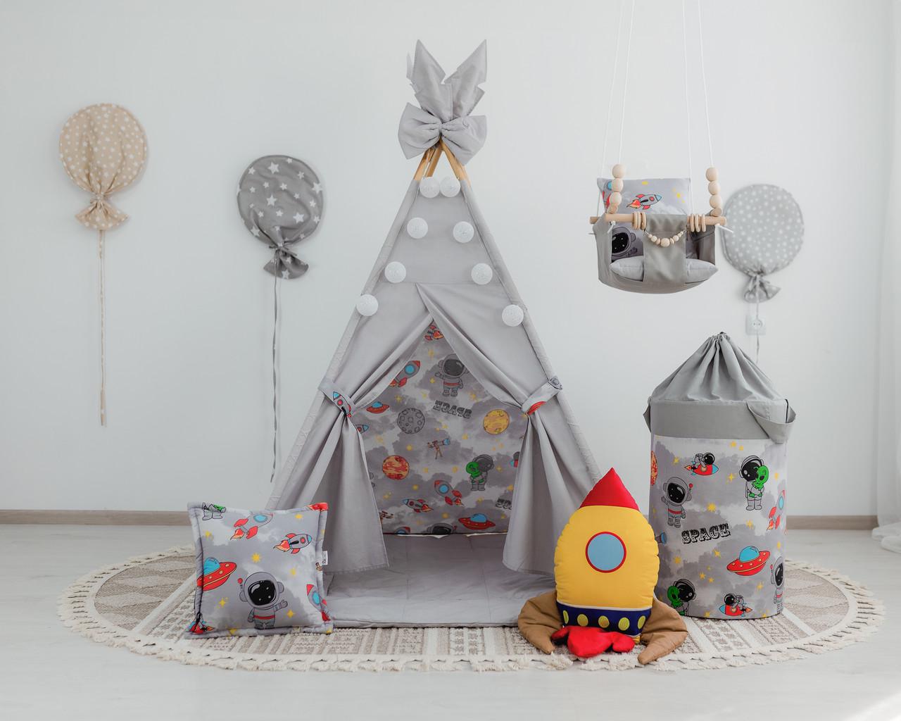 Вігвам дитячий Космос з килимком і подушками з кошиком для білизни