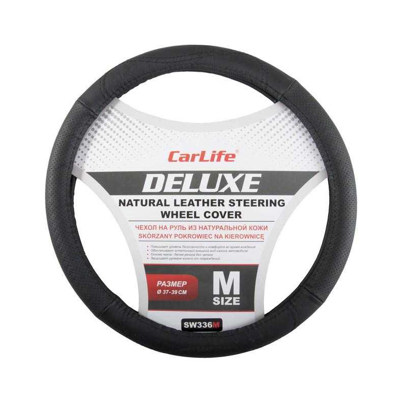 Чехол на руль CarLife Delux кожаный 37-39 см Черный (SW336M)