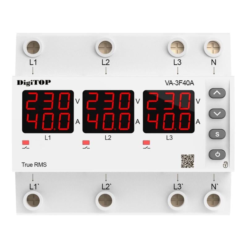Реле напряжения с контролем тока Digitop VA-3F40A M6R на din рейку