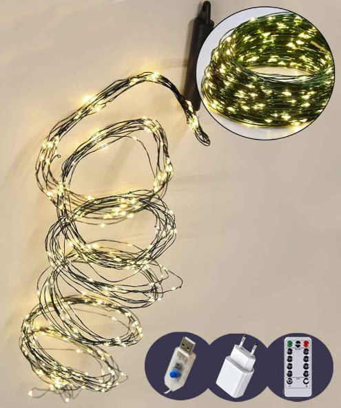 Гирлянда 2 м 30 линий 600LED зеленый провод реле 8 режимов USB пульт Теплый белый (FFJ00236)