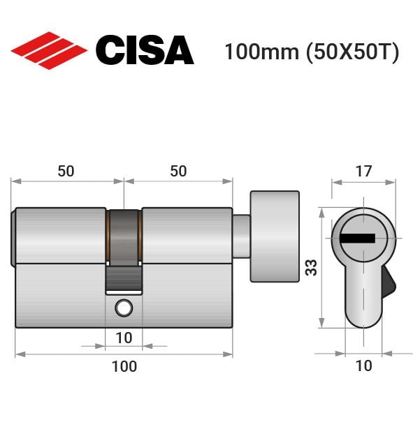 Циліндр замка ключ/тумблер Cisa ASIX P8 100T 50x50T нікель матовий (38022) - фото 4