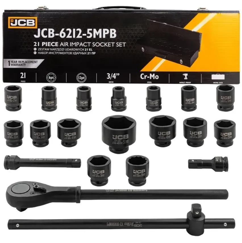 Набір інструментів JCB Tools ударних в металевому кейсі 21 пр. 3/4" 6-г 17-50 мм