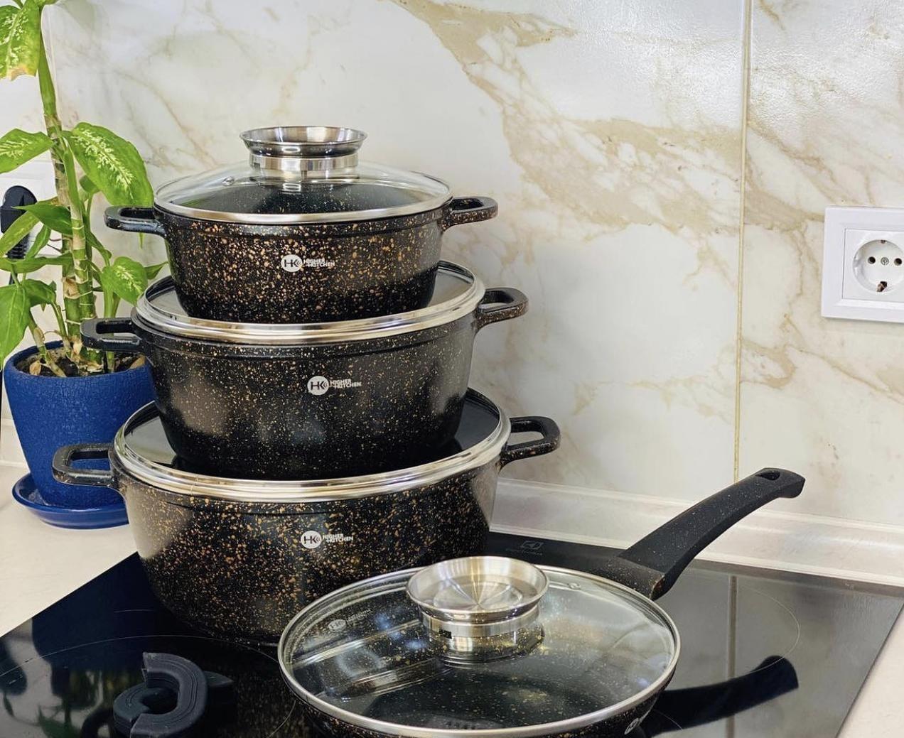 Набір каструль та сковорода Higher Kitchen HK-310 8 пр. із гранітним антипригарним покриттям Коричневий (A9524) - фото 3 Набір каструль та сковорода Higher Kitchen HK-310 8 пр. із гранітним антипригарним покриттям Коричневий (A9524) - фото 3