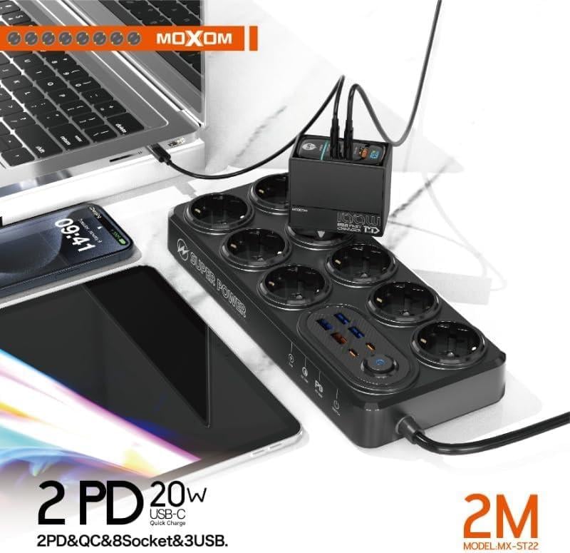 Удлинитель с защитой от перенапряжения Moxom MX-ST22 14в1 Power Strip с 2 PD/QC 2500 Вт 8 розеток и 3 USB для нескольких устройств 2 м Черный - фото 3 Удлинитель с защитой от перенапряжения Moxom MX-ST22 14в1 Power Strip с 2 PD/QC 2500 Вт 8 розеток и 3 USB для нескольких устройств 2 м Черный - фото 3