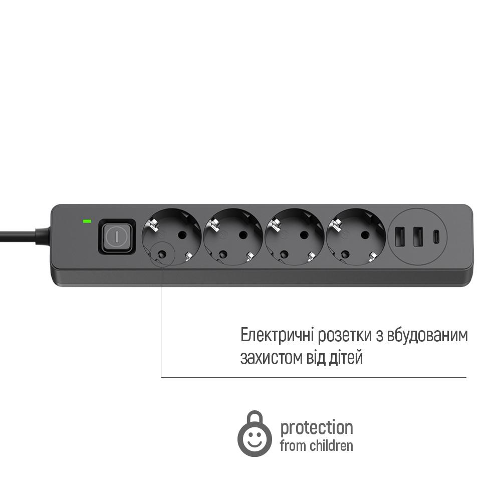 Удлинитель-фильтр сетевой СolorWay 4 розетки/2USB-A/1 TYPE-C 24W 5 м Black (CW-CHE435PDB) - фото 10