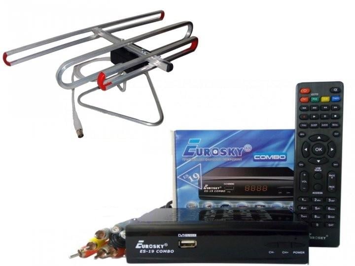 Комплект DVB-S2/T2 тюнер комбинированный Eurosky ES-19 Combo/антенна комнатная улучшенная