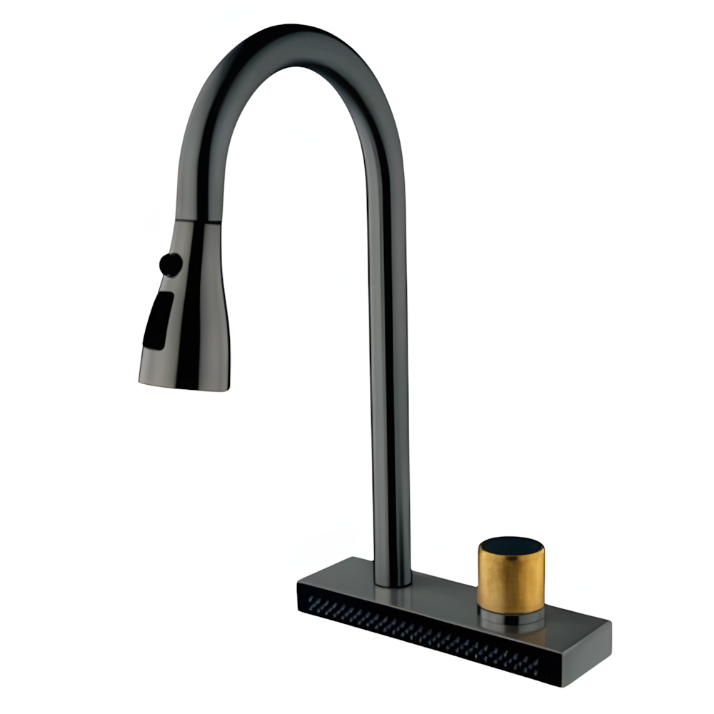 Смеситель с вытяжной воронкой поворотный с функцией водопад MIXXUS FOL-014 нержавеющая сталь SUS304 Графит (b-MI6342)