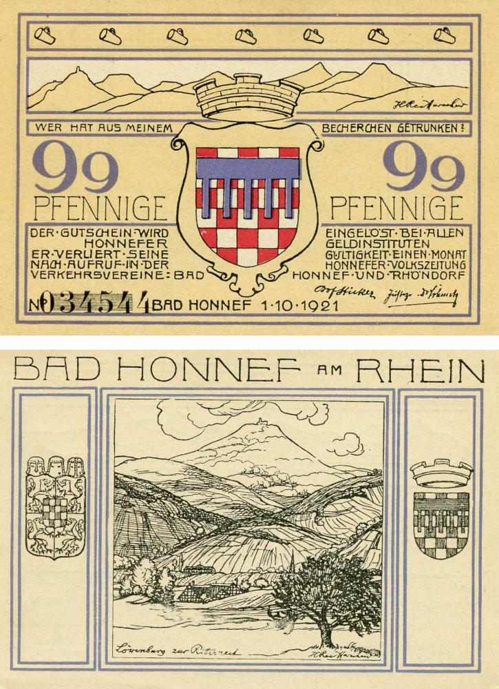 Колекційна банкнота Німеччина Нотгельд 99 пфеннігів 1921 F-VF Бад-Хоннеф Різновид 1 (Б18848)