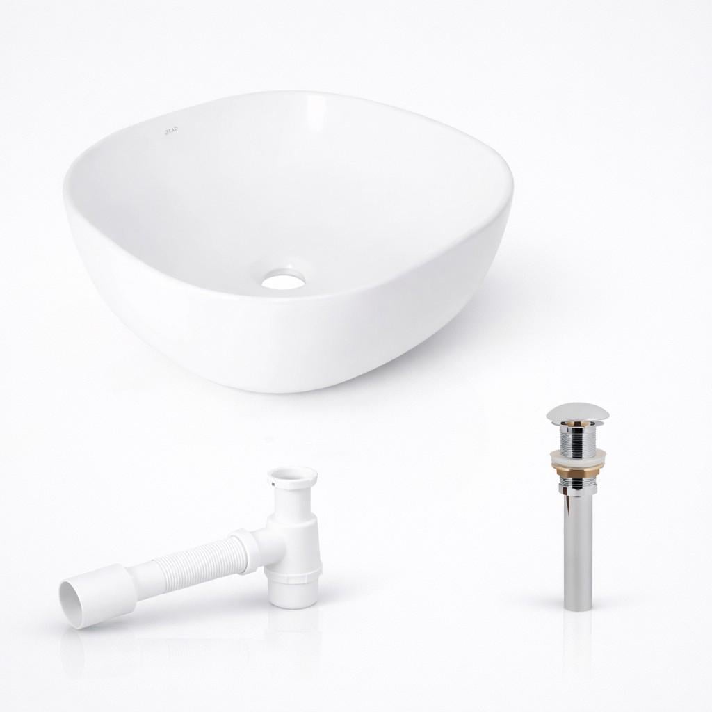 Комплект Qtap Kolibri 400×400 White накладна раковина квадратна/донний клапан Pop-up PU02/сифон (33356027)