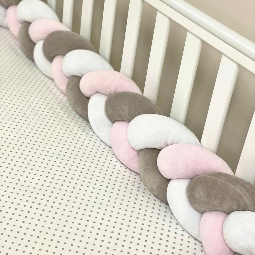 Бортик Коса защита для детской кроватки велюр 120 см Белый/Серый/Розовый (0762556)