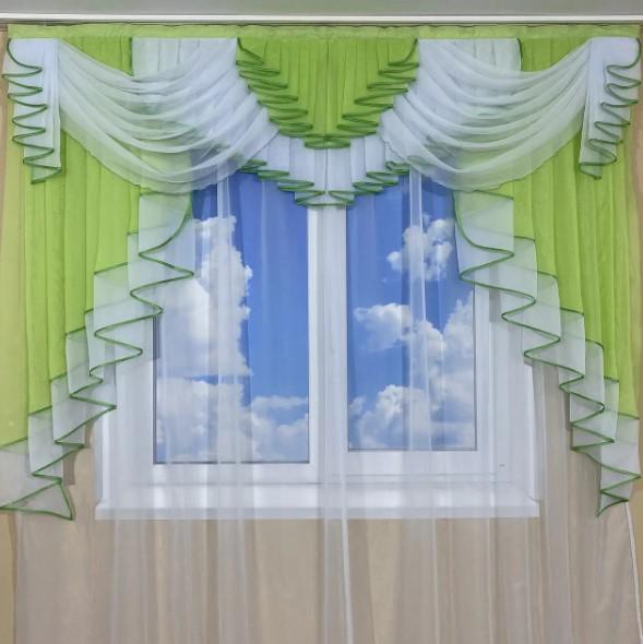Ламбрекен в гостиную шифон на карниз 2 м Салатовый/Белый (422)