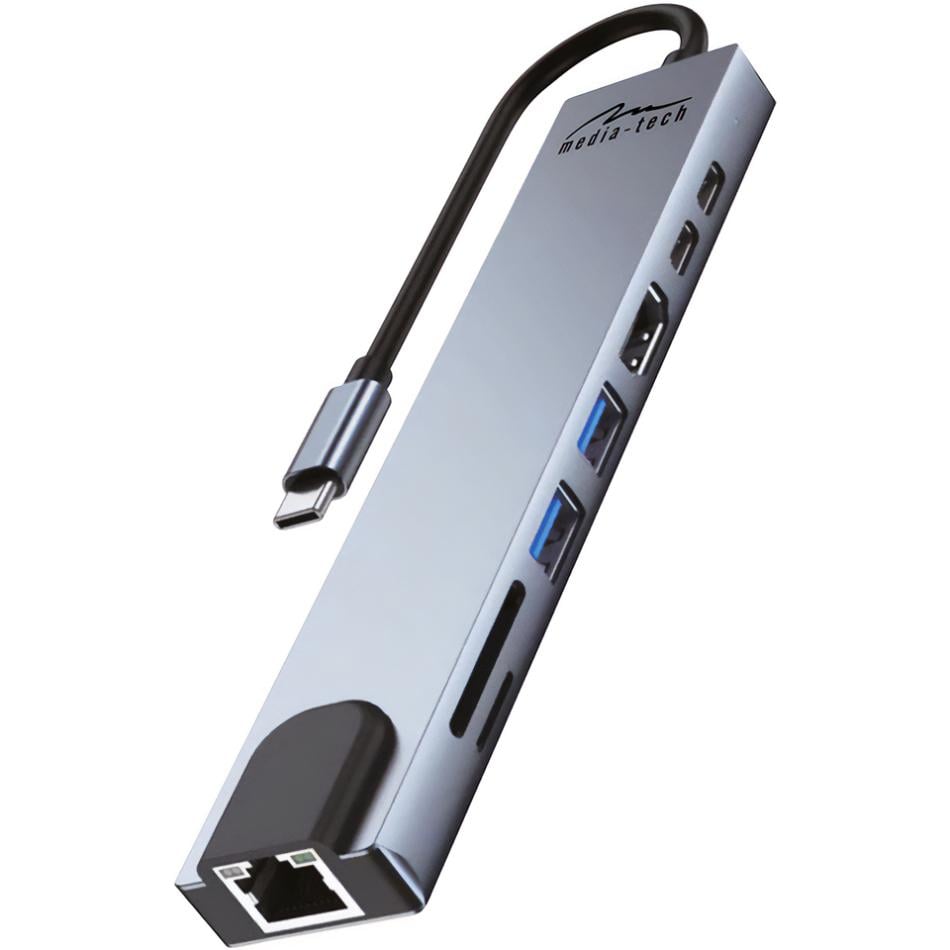 USB-хаб Media-Tech USB3.1 Type-C to HDMI 4K 2xUSB 2xType-C RJ45 SD TF PD 100W 8в1 Grey (MT5046)