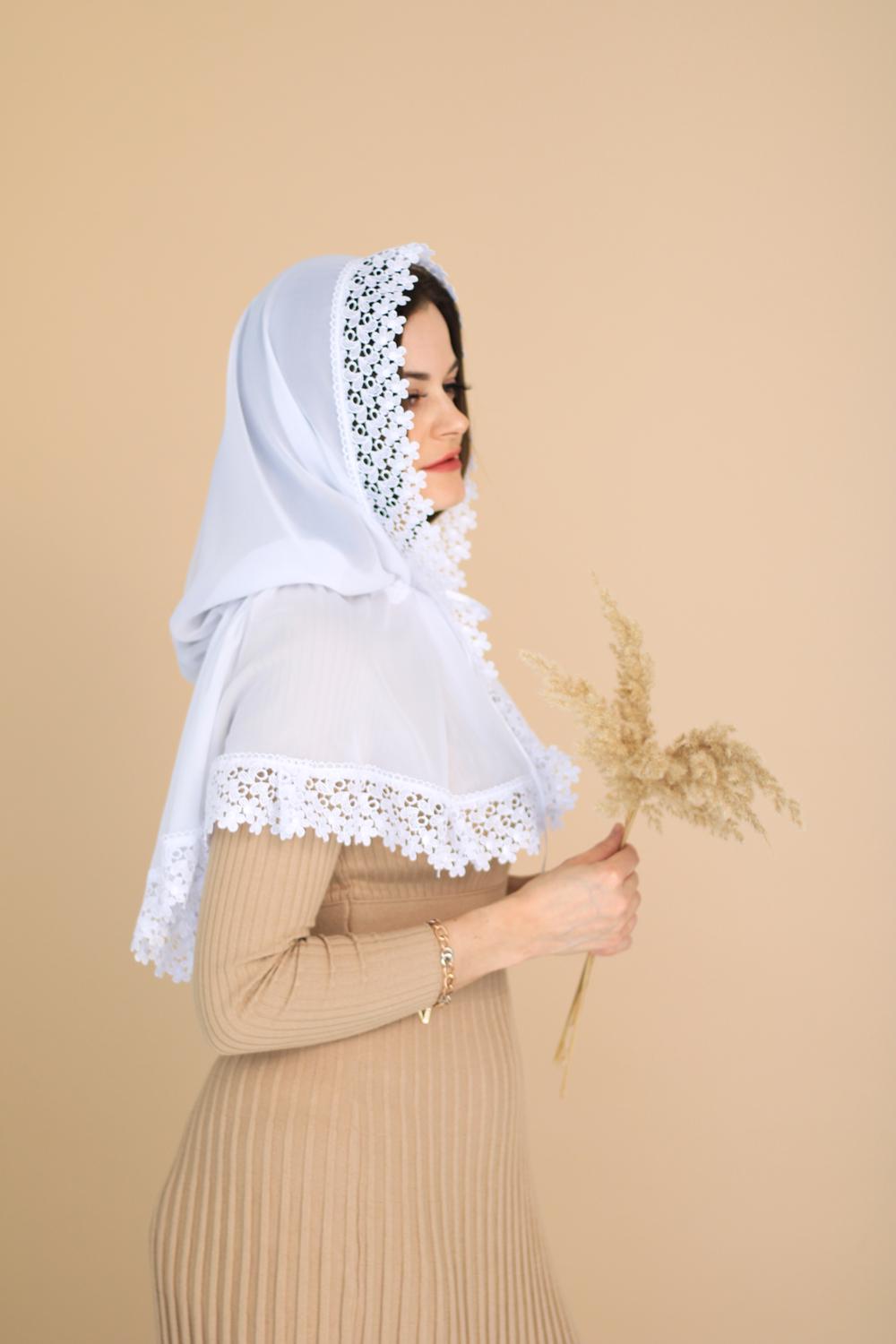 Палантин для храма на голову 80x120 см Белый (п016) - фото 4 Палантин для храма на голову 80x120 см Белый (п016) - фото 4