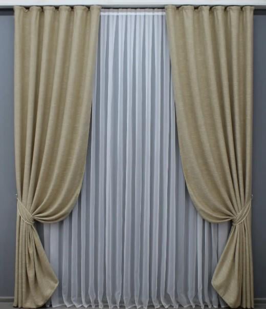 Шторы лен/рогожка в гостиную 1,5х2,7 м 2 шт. Молочный (1425ш)