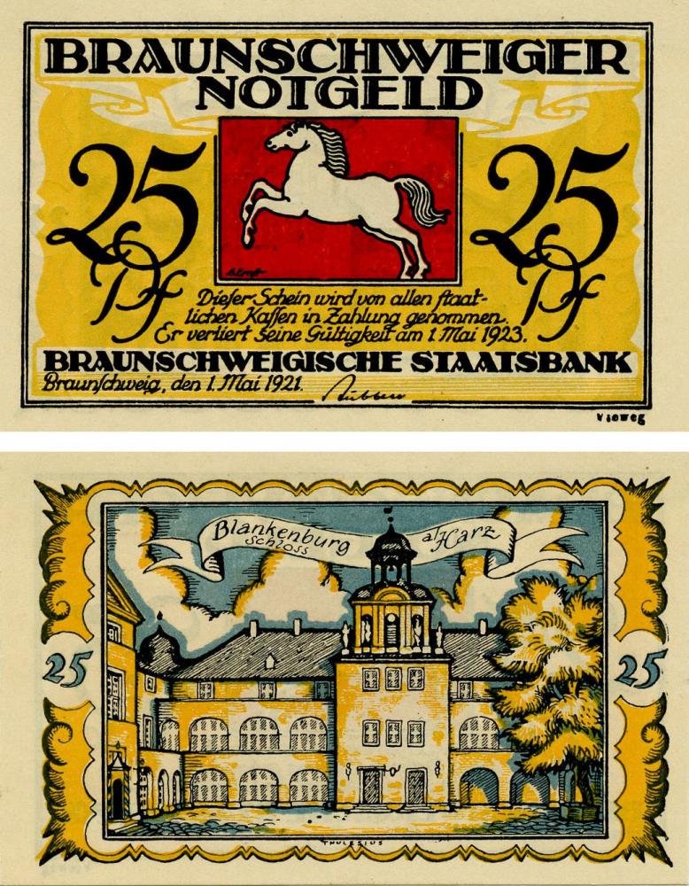Коллекционная банкнота Германия Нотгельд 25 пфеннигов 1921 F-VF Бланкенбург (Б16175)