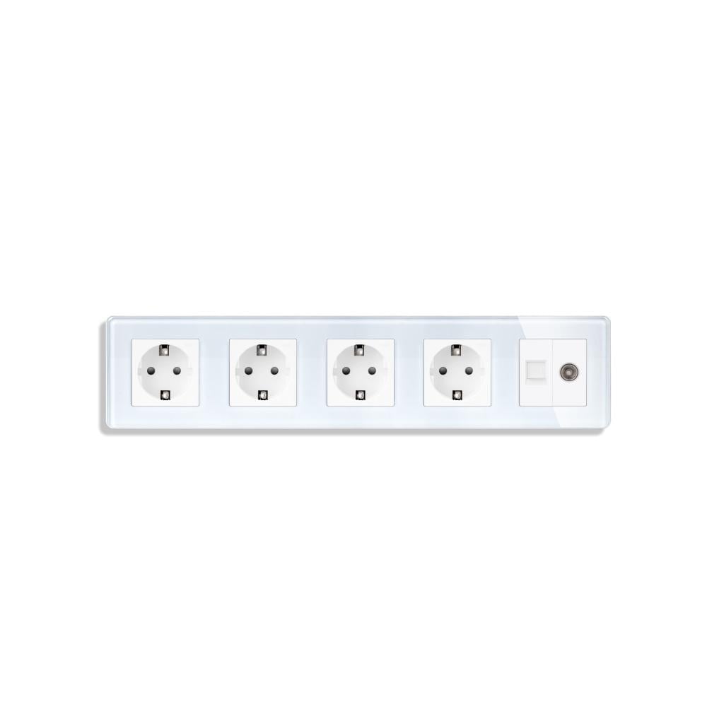 Розетка пятиместная ELIOS силовая/интернет RJ-45/ТВ настенная стеклянная рамка Белый (TW-M5FCAT6PTY-WT)
