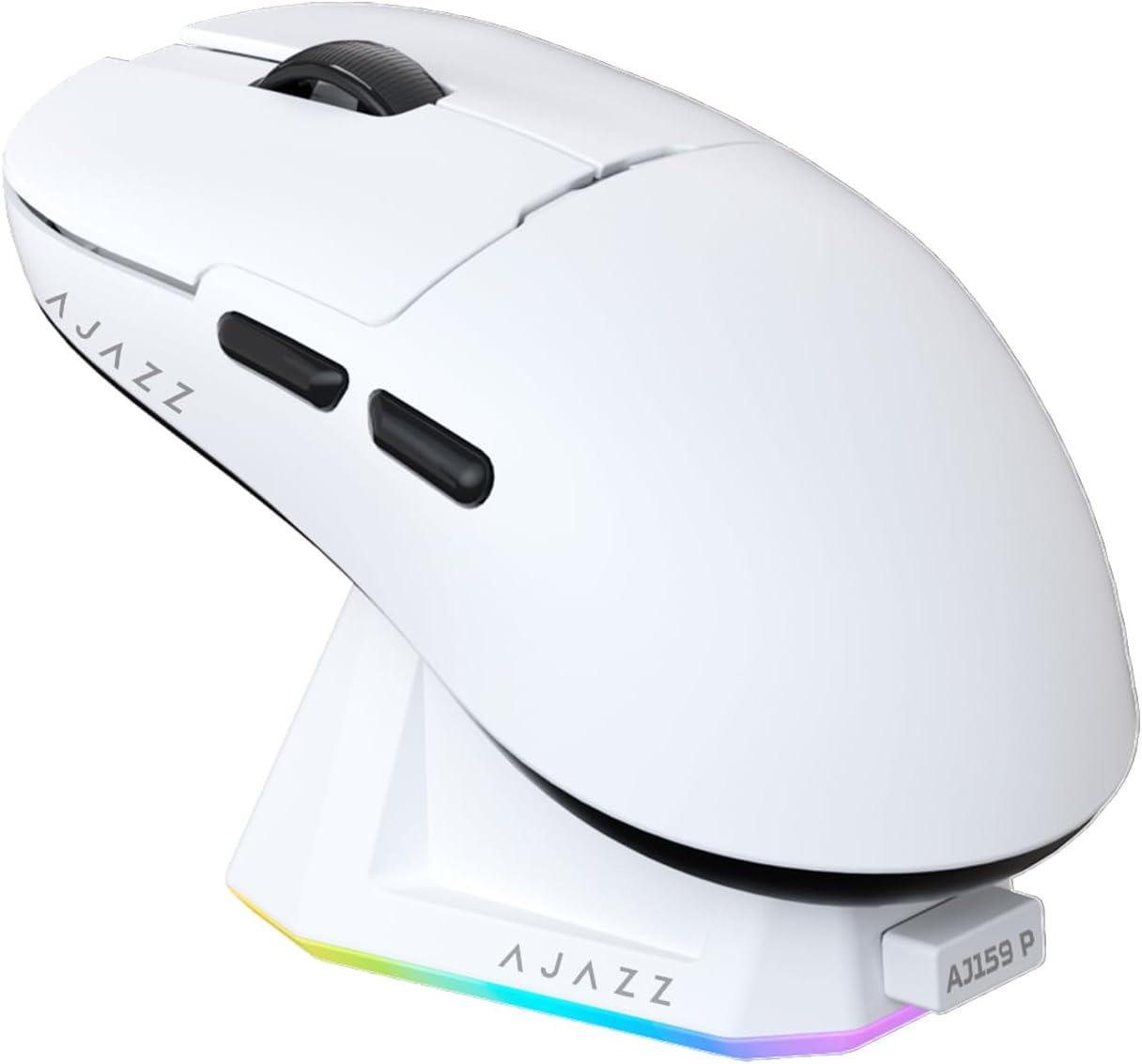 Миша ігрова бездротова Ajazz AJ159P із зарядною док-станцією RGB/сенсором PAW3395/26K DPI/56G/5 програмованими кнопками White