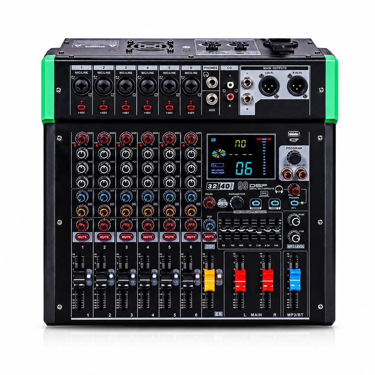 Микшерный пульт 99-DSP 6 каналов с усилителем 2х600 Вт USB с LED-экраном (0162)