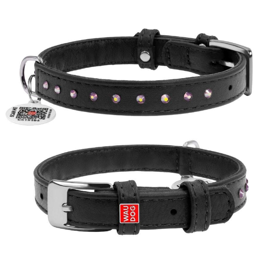 Ошейник для собак кожаный Waudog Glamour с QR паспортом с клеевыми стразами XS 12 мм 21-29 см