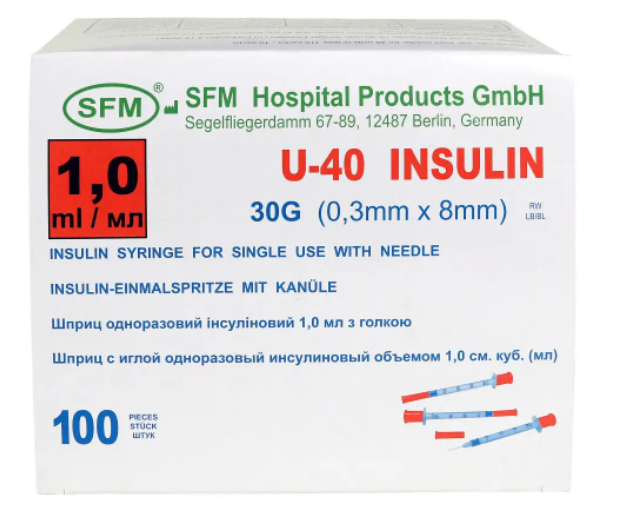 Шприц інсуліновий 1,0 мл зі шкалою U-40 з інтегрованою голкою 0,3x8-30G SFM 100 шт. (AN001372)