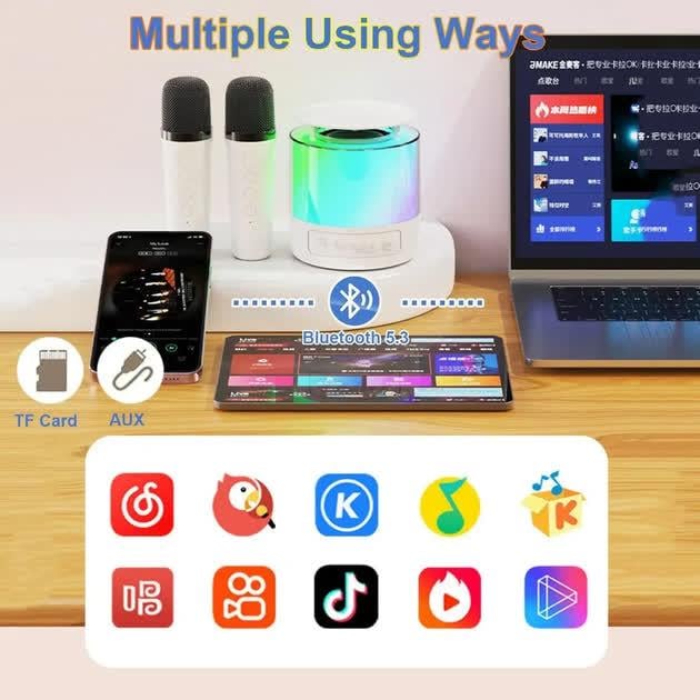 Портативная колонка Bluetooth LED К19 с караоке-микрофонами 2 шт. Белый (28733317) - фото 3