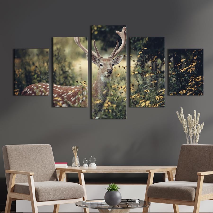 Модульная картина из 5 частей на холсте интерьерная картина Олень среди жёлтых цветов 162x80 см (149-52) Модульная картина из 5 частей на холсте интерьерная картина Олень среди жёлтых цветов 162x80 см (149-52)