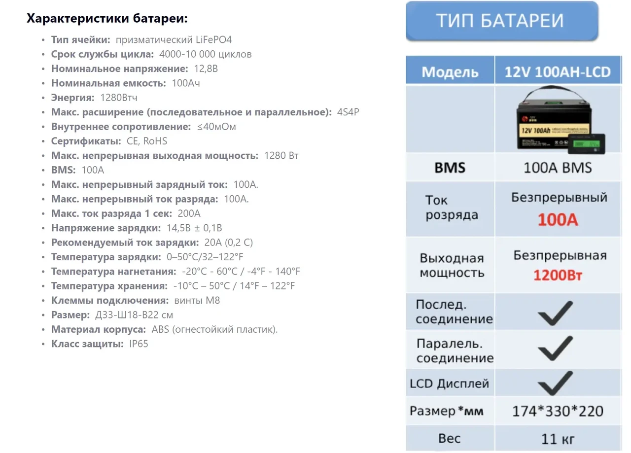 Аккумулятор LiFePO4 12V/100Ah/1280Wh/BMS и LCD экран/класс А/зарядка 10а - фото 10